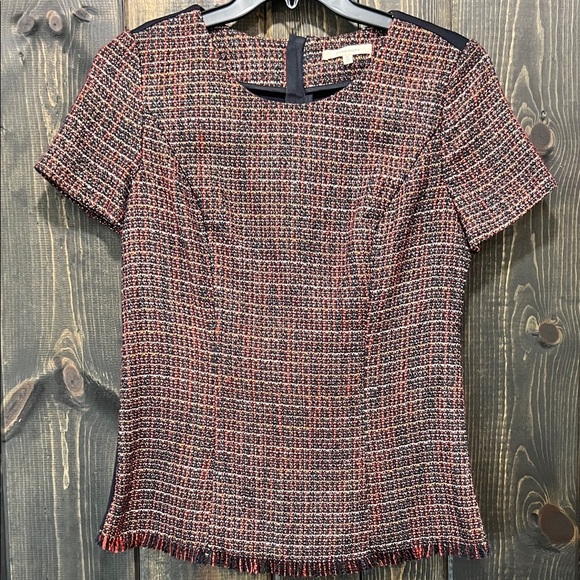 41 Hawthorn Tops - 41 Tweed Fringe Blouse M Red Black Shimmer Gold Top Zipper Stretch Office Boho